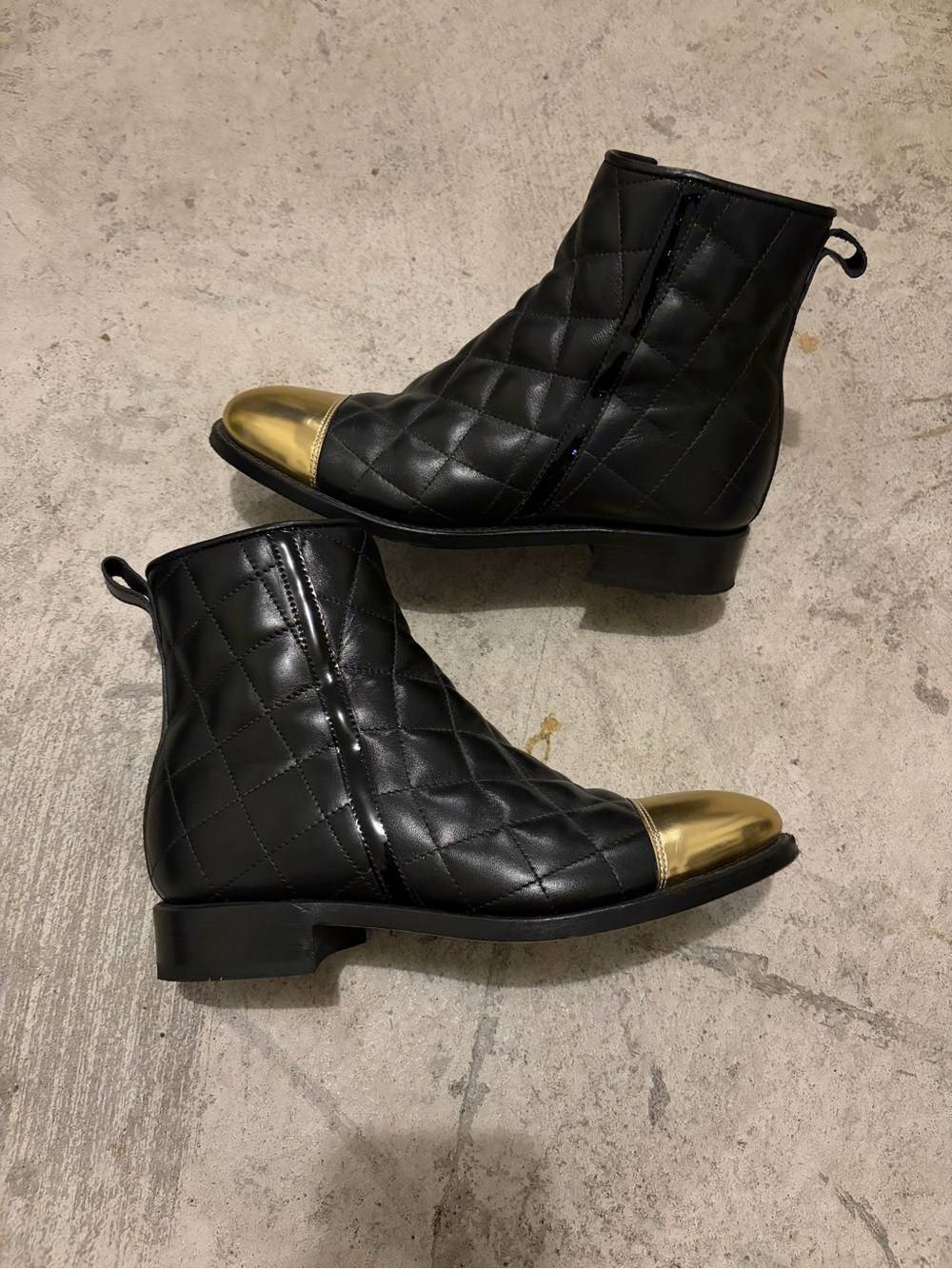 Balmain Black Quilted Leather Ankle Boots with Gold Cap Toe image 2